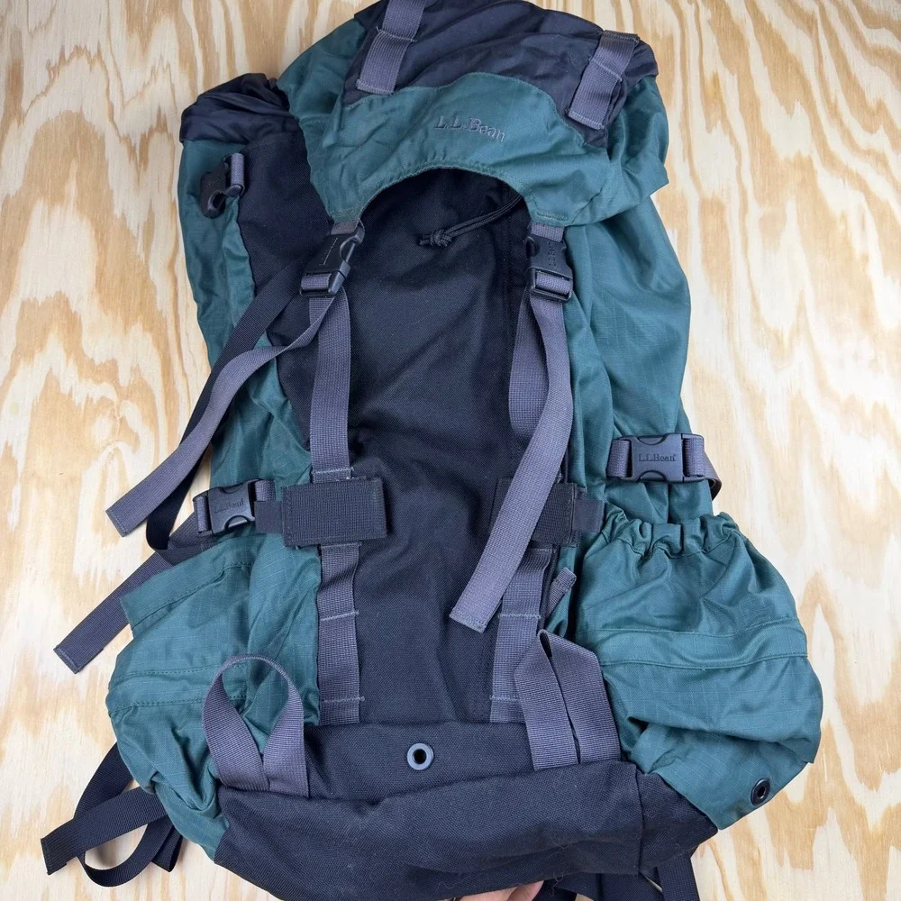 LL Bean Hiking Backpack Internal Frame Green Black Ripstop Nylon Rucksack